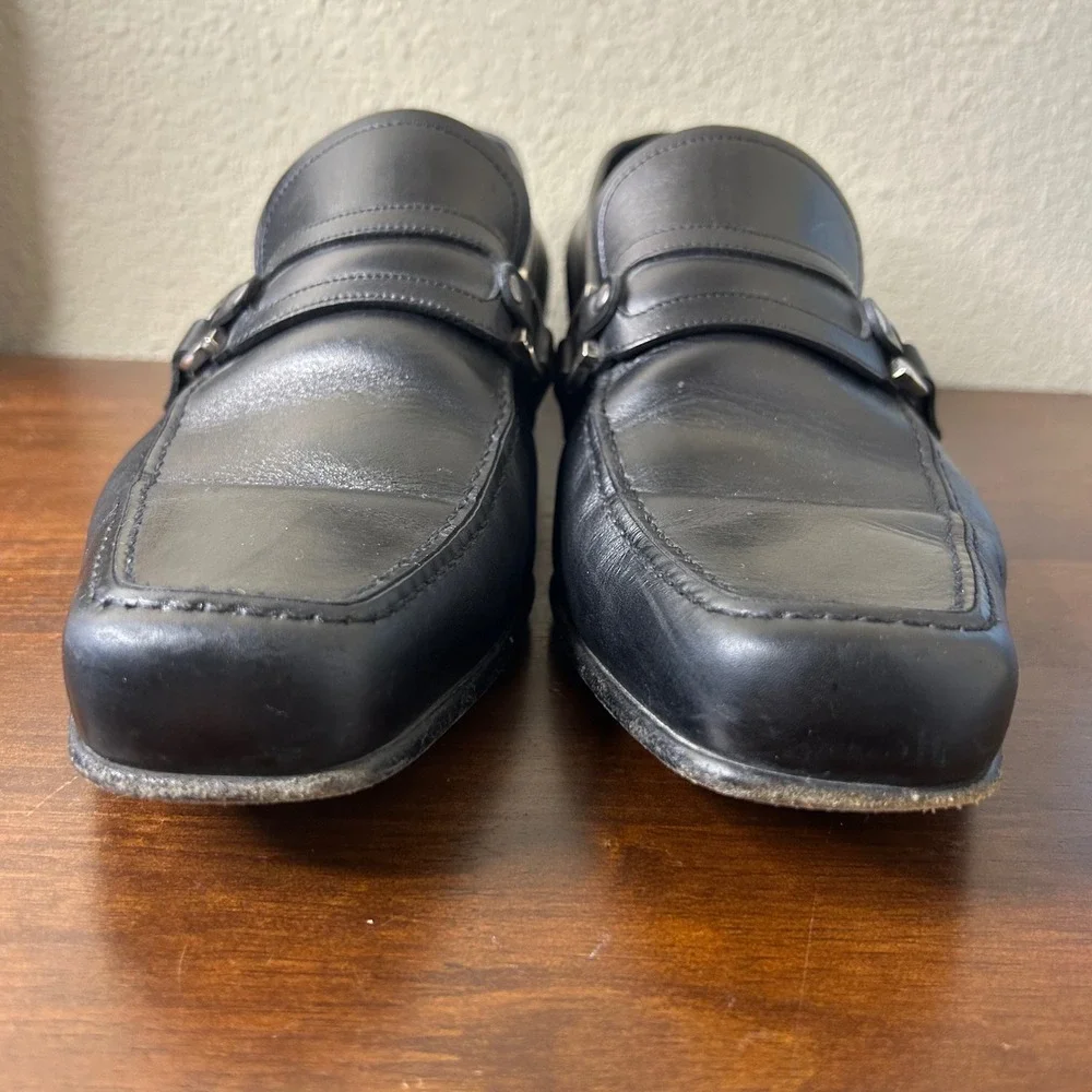Salvatore Ferragamo Loafers 10 EE Mens Black Leather Gancini Square‎ Toe Italy